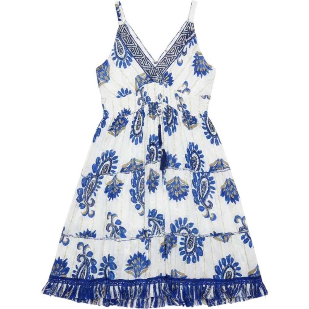 Anthropologie Me 2 Magic Blue Paisley Gold Metallic Sequin Boho Fringe Dress LG